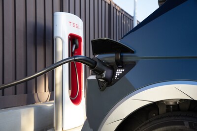 The Hyundai NACS adapter plugged into a 2024 Hyundai IONIQ 5 in Fountain Valley, Calif. on March 5, 2025.
